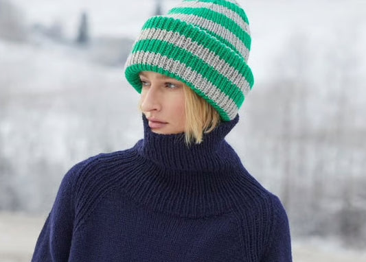 Strickpaket Franke Streifenmütze - Rauma Garn (GRÜN/GRAU)